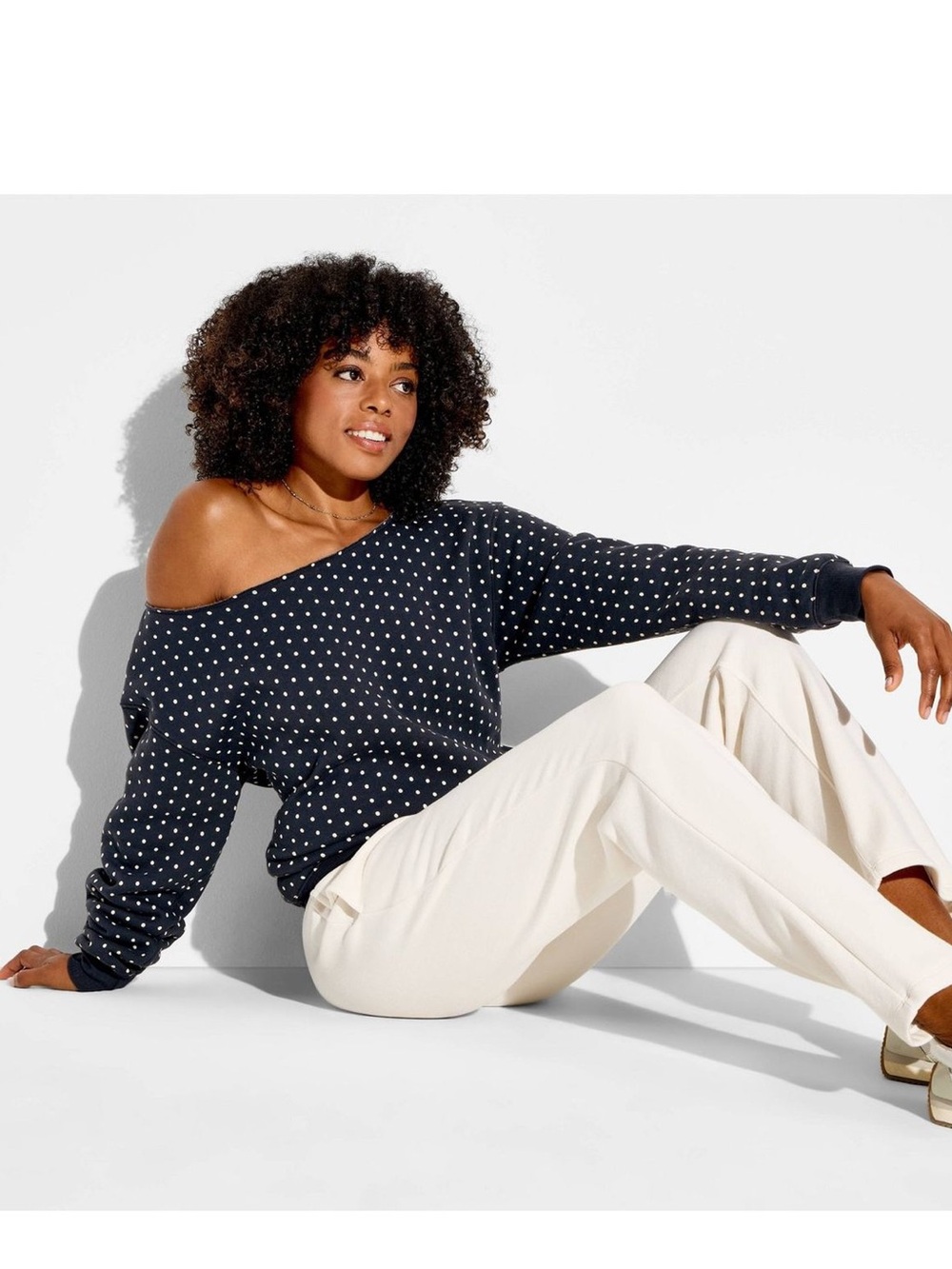 Women’s Navy Off-Shoulder Polka Dot Sweater